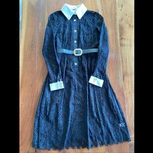 Black Lace Dress With White Collar and Cuffs with Belt